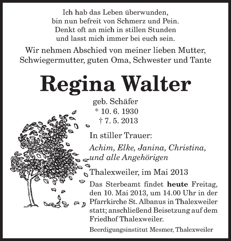 Traueranzeigen Von Regina Walter Saarbruecker Zeitung Trauer De