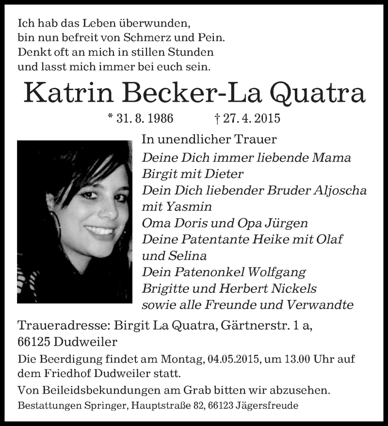  Traueranzeige für Katrin Becker-La Quatra vom 30.04.2015 aus saarbruecker_zeitung
