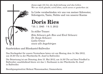 Traueranzeige von Doris Ries von SAARBRÜCKER ZEITUNG