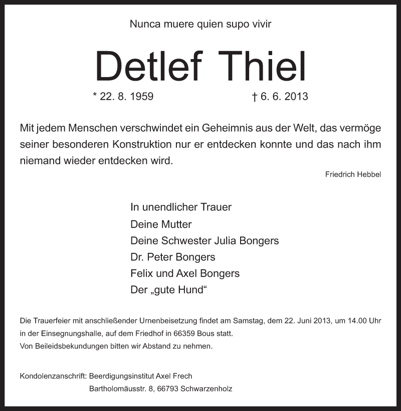 Traueranzeigen Von Detlef Thiel Saarbruecker Zeitung Trauer De