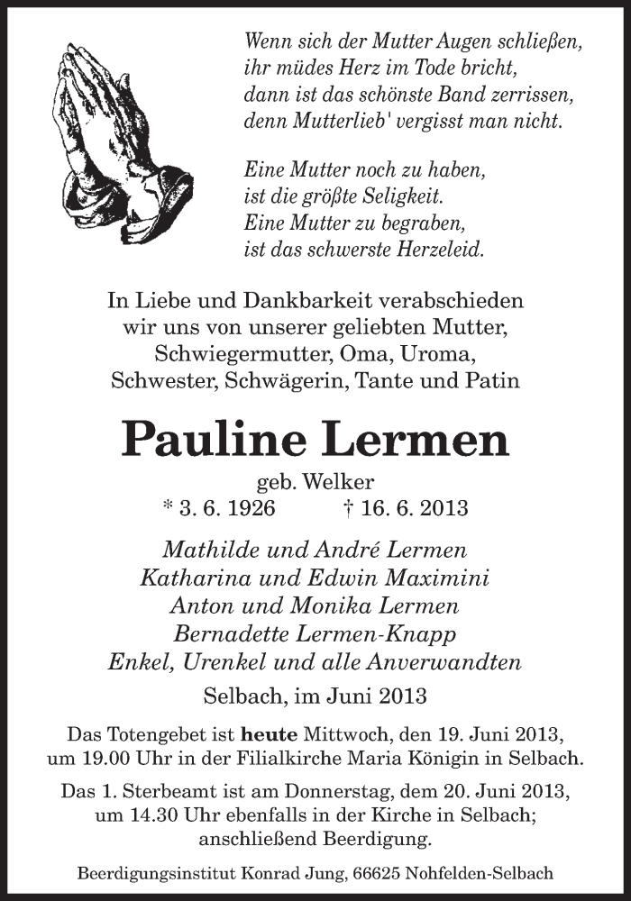 Traueranzeigen Von Pauline Lermen Saarbruecker Zeitung Trauer De