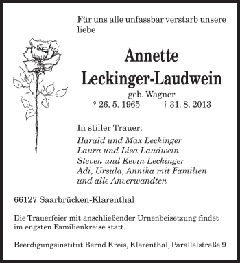 Traueranzeigen Von Annette Leckinger Laudwein Saarbruecker Zeitung