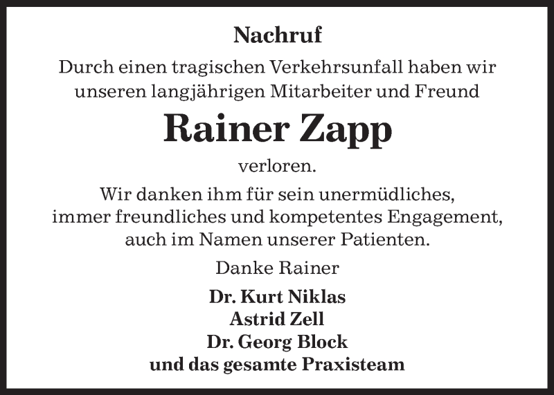 Traueranzeigen Von Rainer Zapp Saarbruecker Zeitung Trauer De