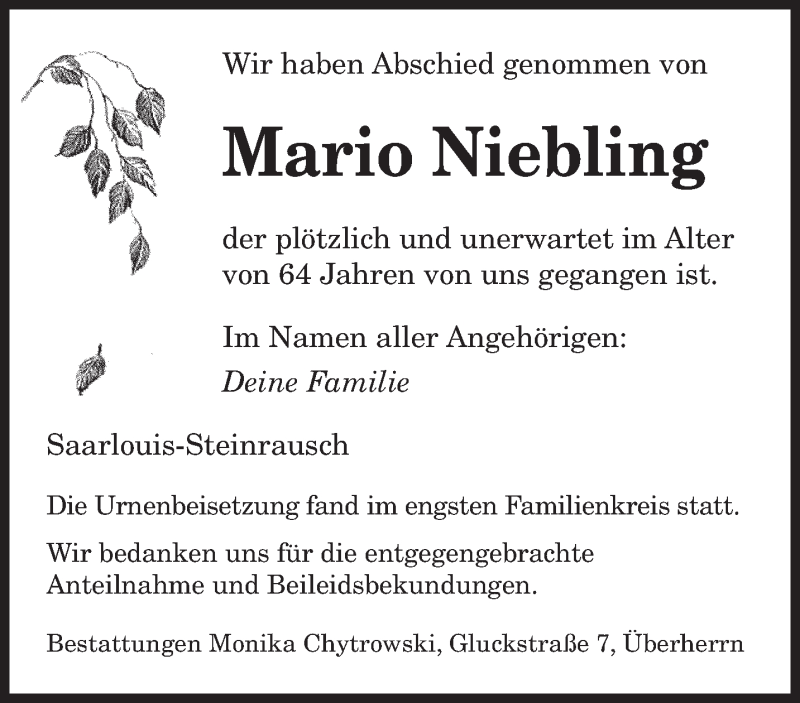 Traueranzeigen Von Mario Niebling Saarbruecker Zeitung Trauer De