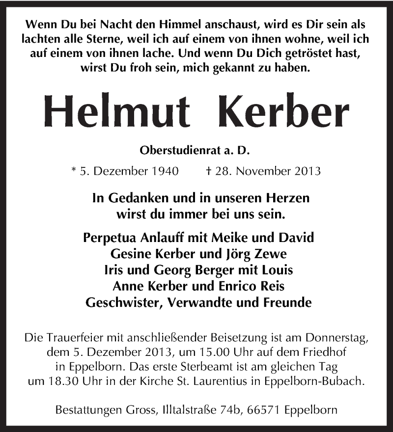  Traueranzeige für Helmut Kerber vom 30.11.2013 aus saarbruecker_zeitung