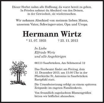 Traueranzeigen Von Hermann Wirtz Saarbruecker Zeitung Trauer De