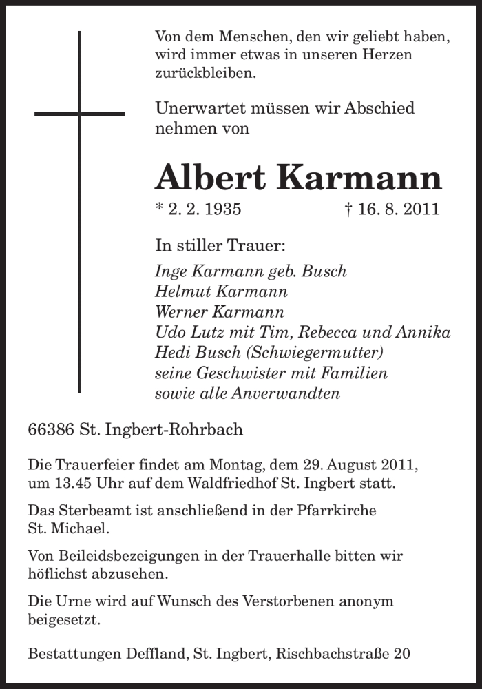 Traueranzeigen Von Albert Karmann Saarbruecker Zeitung Trauer De