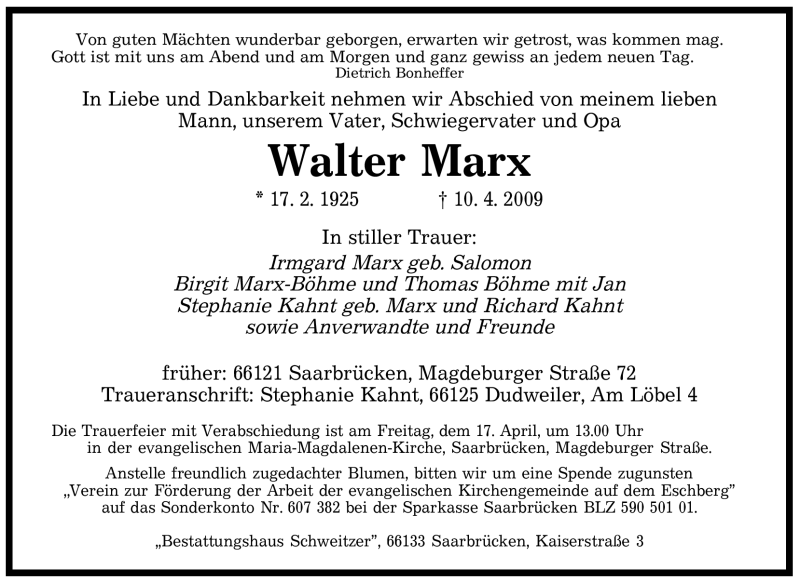 Traueranzeigen Von Walter Marx Saarbruecker Zeitung Trauer De