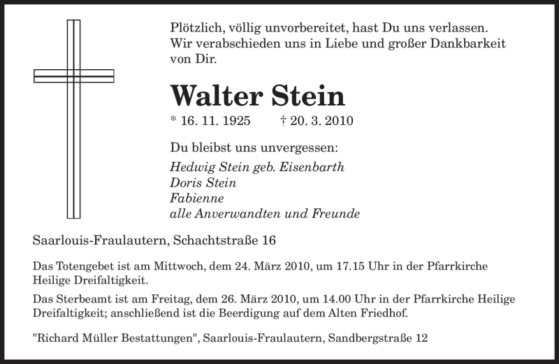 Traueranzeigen Von Walter Stein Saarbruecker Zeitung Trauer De