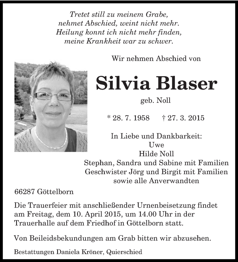  Traueranzeige für Silvia Blaser vom 08.04.2015 aus saarbruecker_zeitung