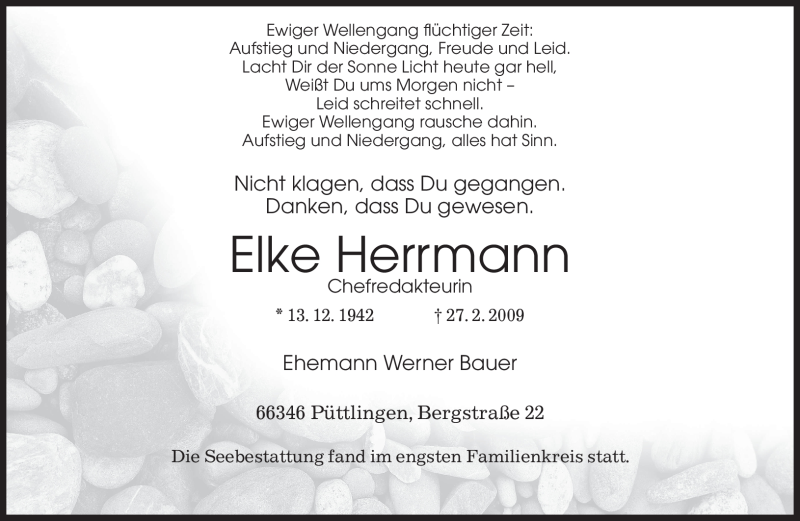  Traueranzeige für Elke Herrmann vom 04.04.2009 aus SAARBRÜCKER ZEITUNG