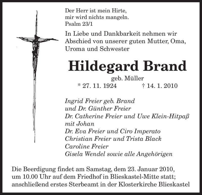 Traueranzeigen Von Hildegard Brand Saarbruecker Zeitung Trauer De