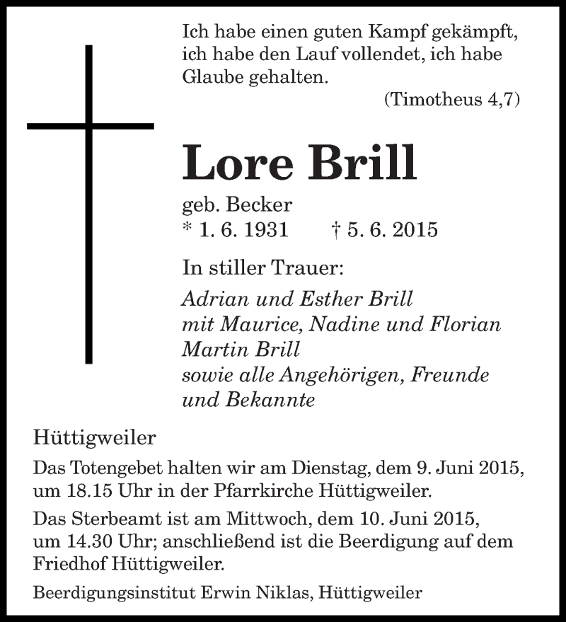  Traueranzeige für Lore Brill vom 08.06.2015 aus saarbruecker_zeitung