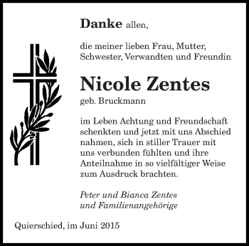 Traueranzeige von Nicole Zentes von saarbruecker_zeitung