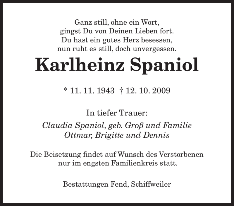 Traueranzeigen Von Karlheinz Spaniol Saarbruecker Zeitung Trauer De