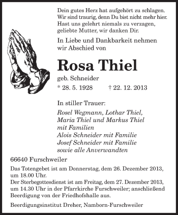 Traueranzeigen Von Rosa Thiel Saarbruecker Zeitung Trauer De