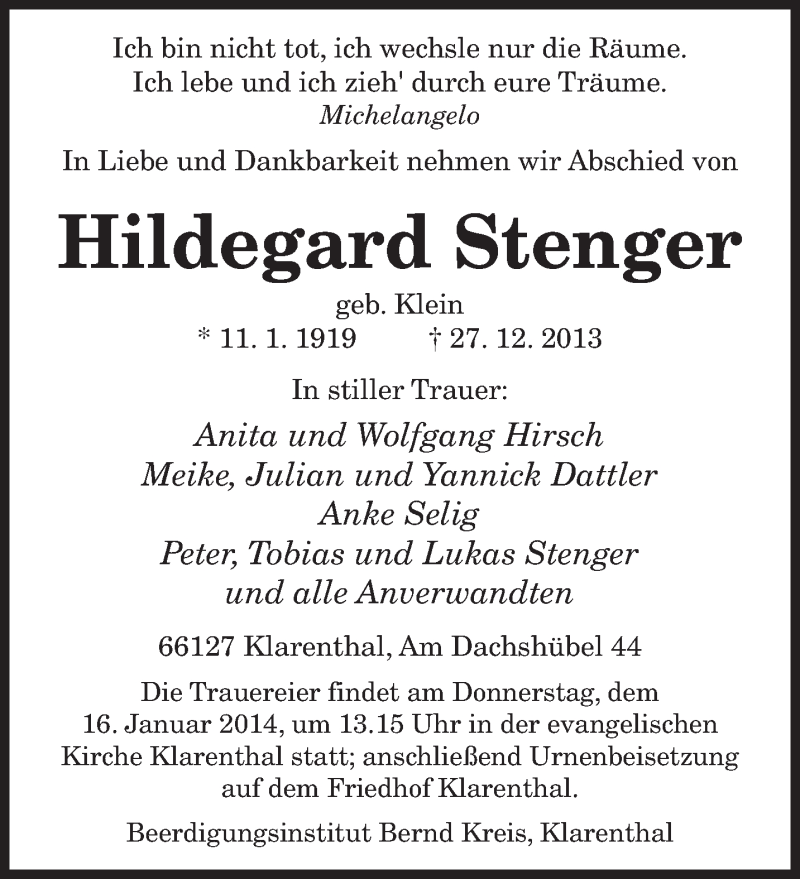 Traueranzeigen Von Hildegard Stenger Saarbruecker Zeitung Trauer De