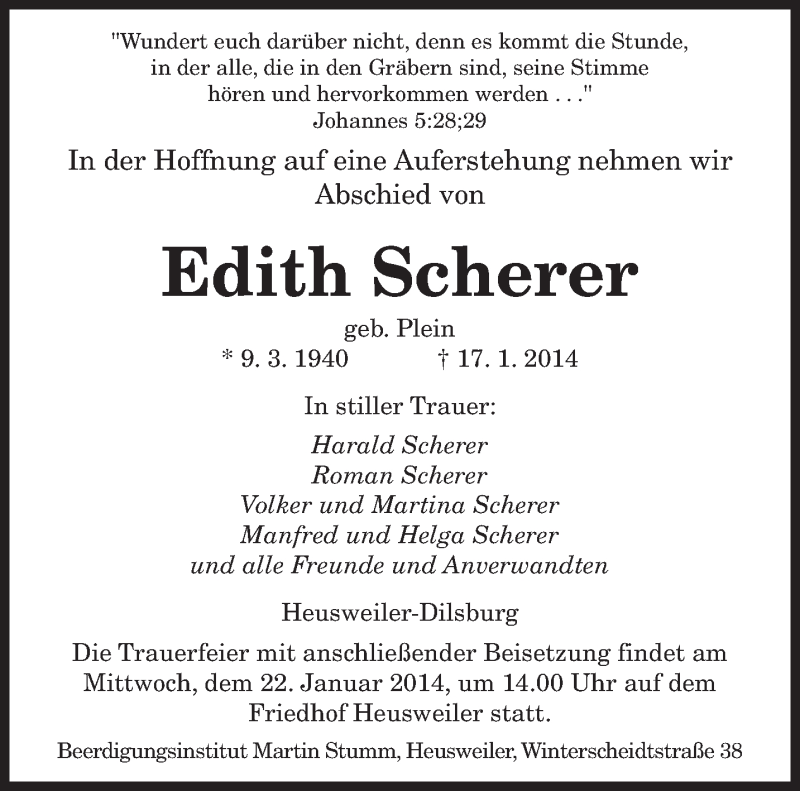 Traueranzeigen Von Edith Scherer Saarbruecker Zeitung Trauer De