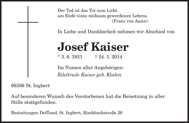 Traueranzeigen Von Josef Kaiser Saarbruecker Zeitung Trauer De