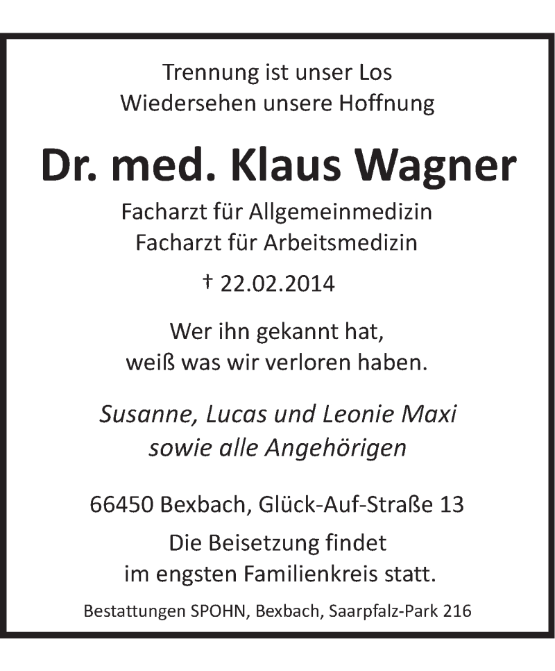  Traueranzeige für Klaus Wagner vom 28.02.2014 aus saarbruecker_zeitung