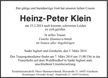 Traueranzeige von Heinz-Peter Klein von saarbruecker_zeitung