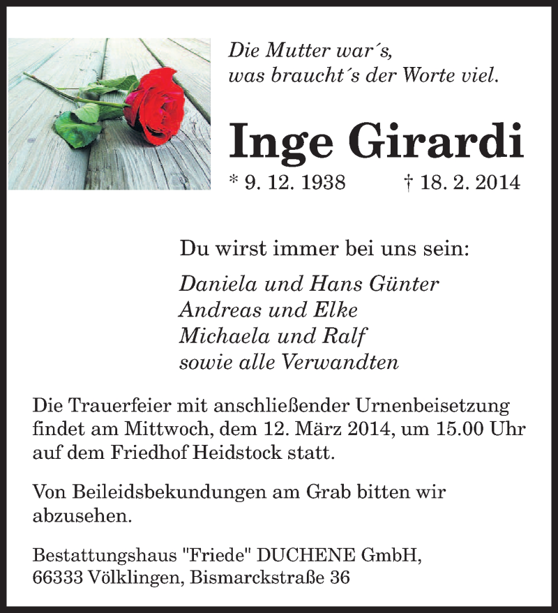  Traueranzeige für Inge Girardi vom 08.03.2014 aus saarbruecker_zeitung