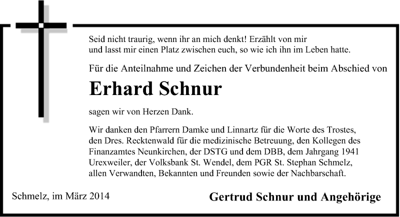  Traueranzeige für Erhard Schnur vom 08.03.2014 aus saarbruecker_zeitung
