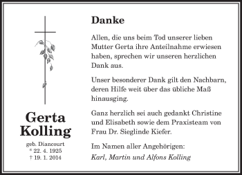 Traueranzeige von Gerta Kolling von saarbruecker_zeitung