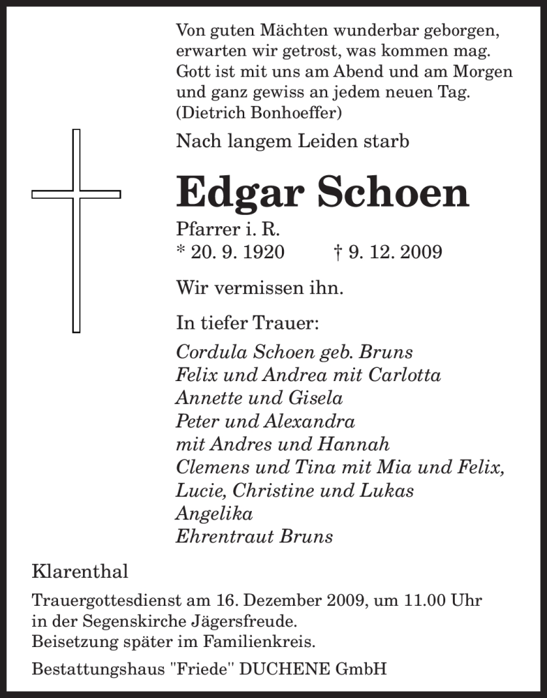 Traueranzeigen Von Edgar Schoen Saarbruecker Zeitung Trauer De