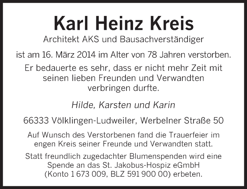 Traueranzeigen Von Karl Heinz Kreis Saarbruecker Zeitung Trauer De