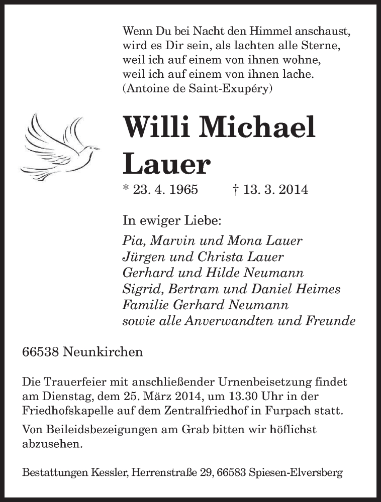  Traueranzeige für Willi Michael Lauer vom 22.03.2014 aus saarbruecker_zeitung