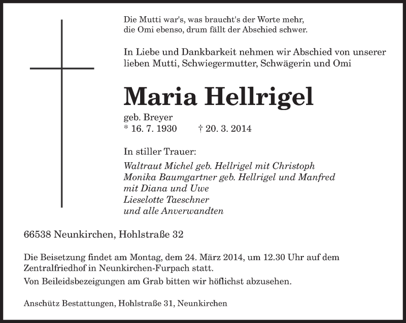  Traueranzeige für Maria Hellrigel vom 22.03.2014 aus saarbruecker_zeitung