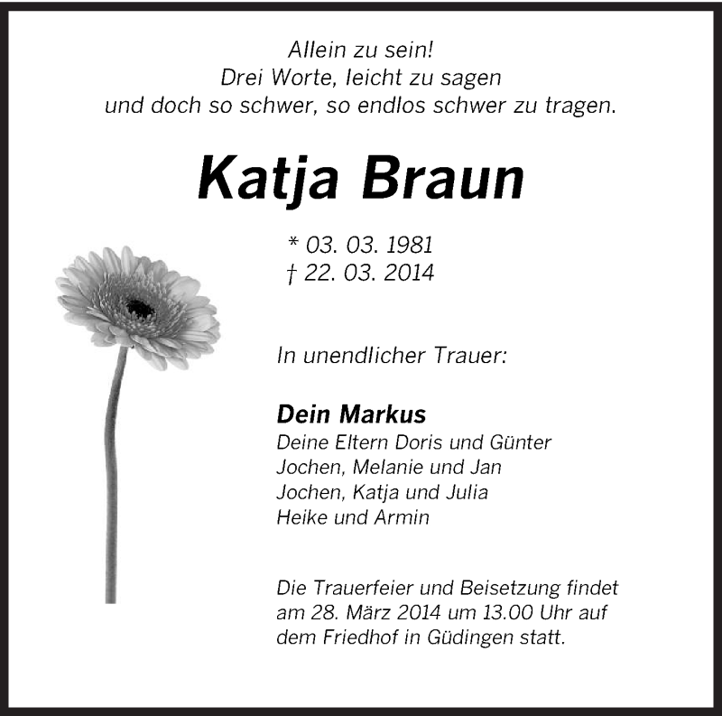  Traueranzeige für Katja Braun vom 26.03.2014 aus saarbruecker_zeitung