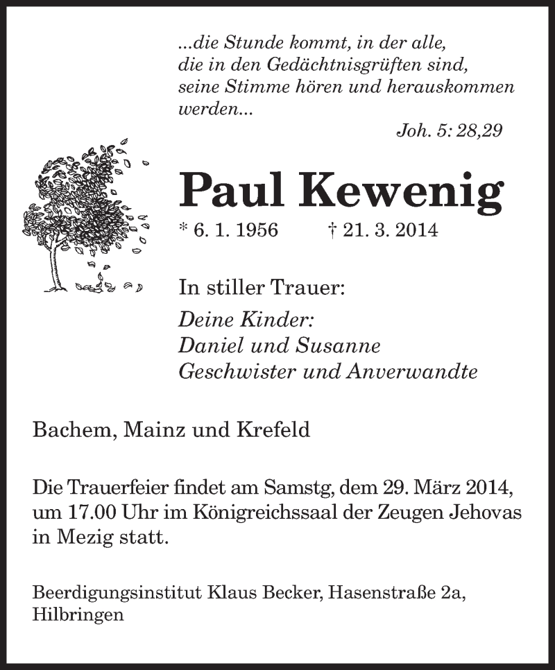  Traueranzeige für Paul Kewenig vom 26.03.2014 aus saarbruecker_zeitung