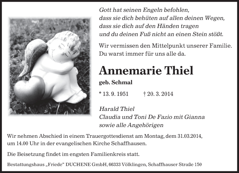 Traueranzeige für Annemarie Thiel vom 26.03.2014 aus saarbruecker_zeitung