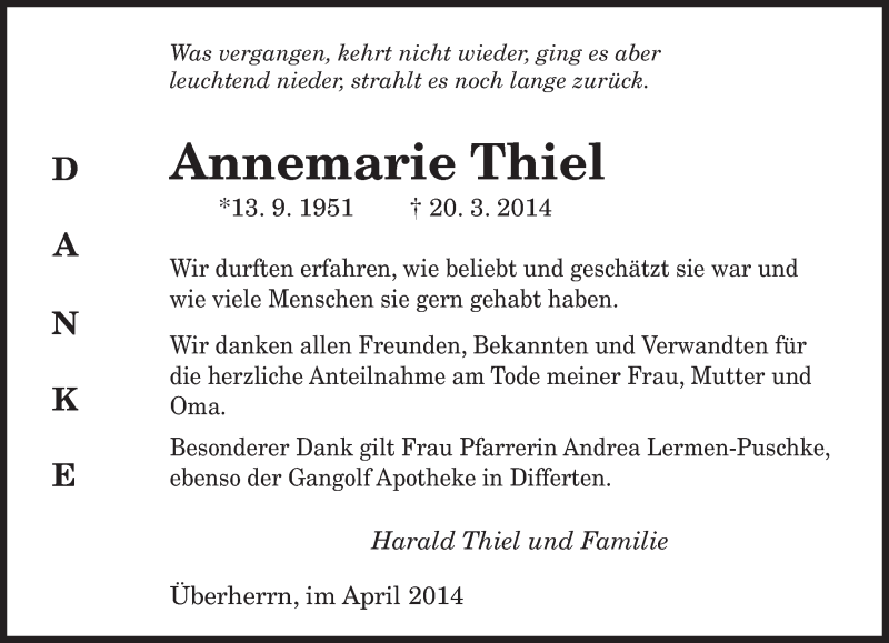  Traueranzeige für Annemarie Thiel vom 12.04.2014 aus saarbruecker_zeitung