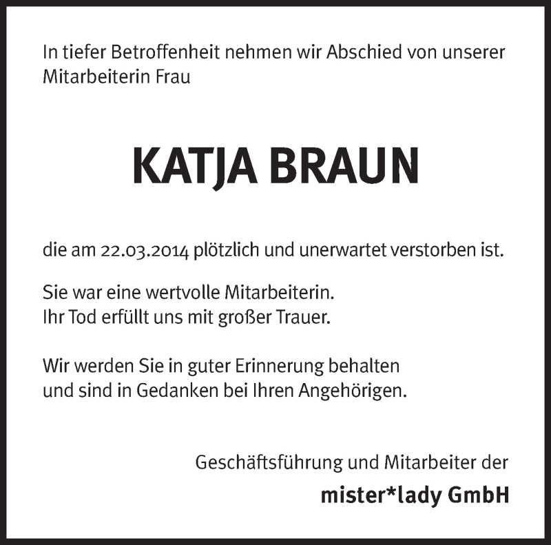  Traueranzeige für Katja Braun vom 26.03.2014 aus saarbruecker_zeitung