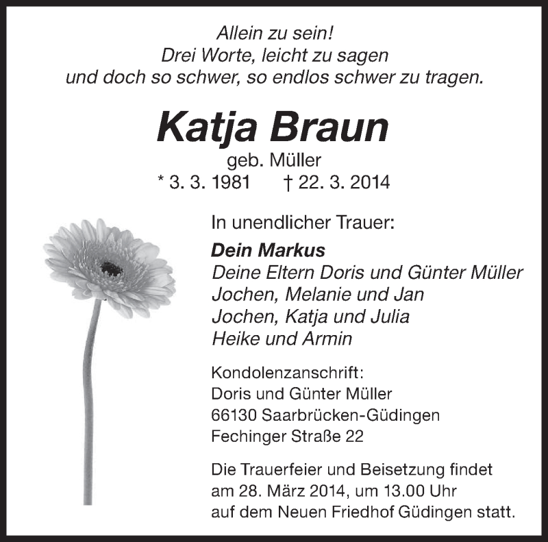  Traueranzeige für Katja Braun vom 27.03.2014 aus saarbruecker_zeitung