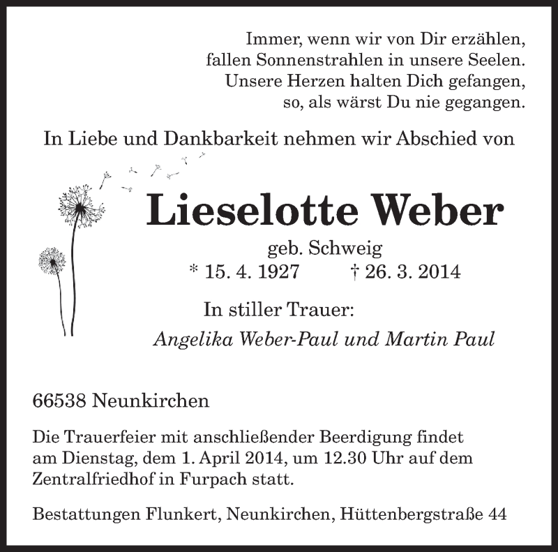  Traueranzeige für Lieselotte Weber vom 29.03.2014 aus saarbruecker_zeitung