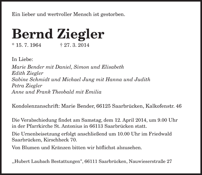  Traueranzeige für Bernd Ziegler vom 05.04.2014 aus saarbruecker_zeitung