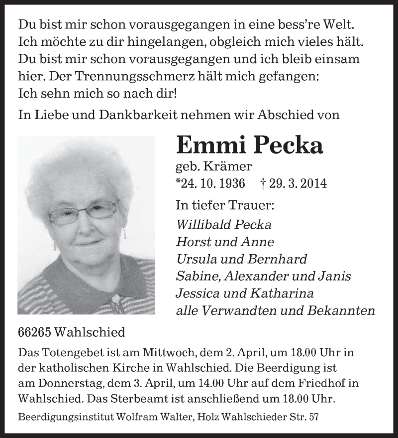  Traueranzeige für Emmi Pecka vom 01.04.2014 aus saarbruecker_zeitung