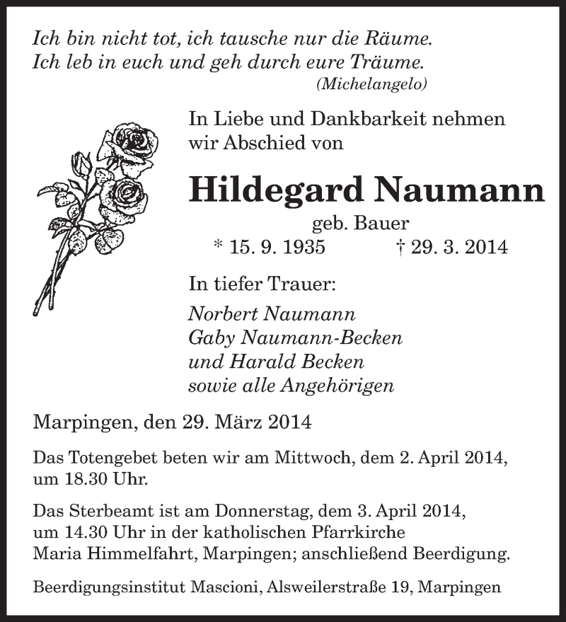  Traueranzeige für Hildegard Naumann vom 01.04.2014 aus saarbruecker_zeitung