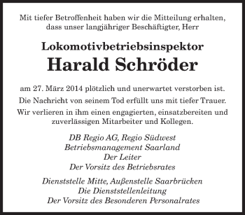 Traueranzeige von Harald Schröder von saarbruecker_zeitung