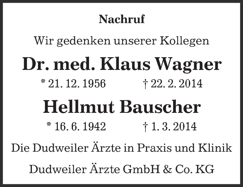  Traueranzeige für Klaus Wagner vom 05.04.2014 aus saarbruecker_zeitung