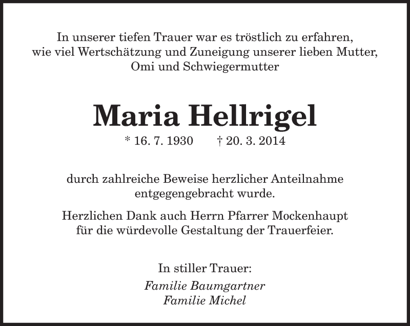 Traueranzeige für Maria Hellrigel vom 05.04.2014 aus saarbruecker_zeitung