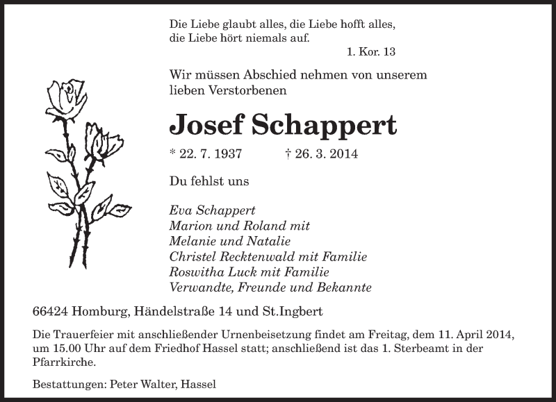  Traueranzeige für Josef Schappert vom 05.04.2014 aus saarbruecker_zeitung