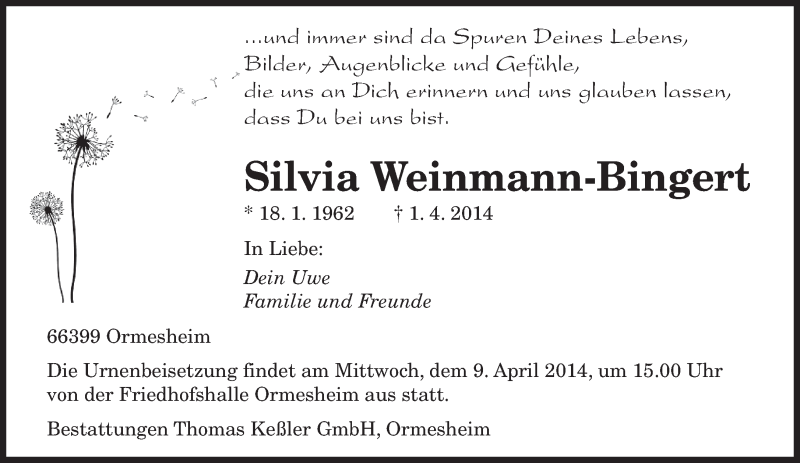  Traueranzeige für Silvia Weinmann-Bingert vom 05.04.2014 aus saarbruecker_zeitung
