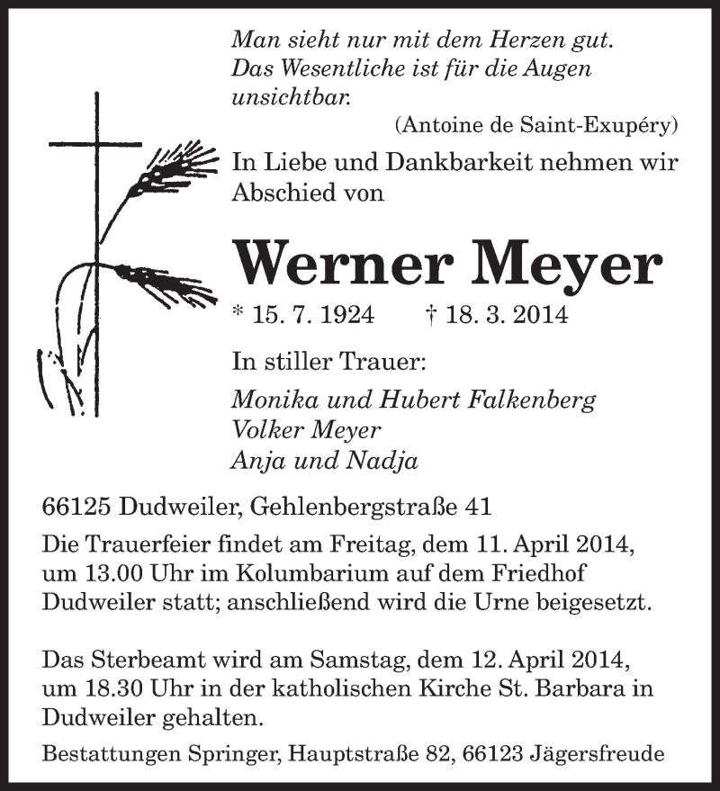  Traueranzeige für Werner Meyer vom 05.04.2014 aus saarbruecker_zeitung