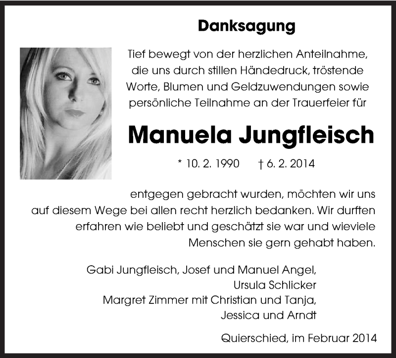  Traueranzeige für Manuela Jungfleisch vom 05.04.2014 aus saarbruecker_zeitung