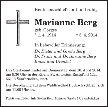 Traueranzeige von Marianne Berg von saarbruecker_zeitung